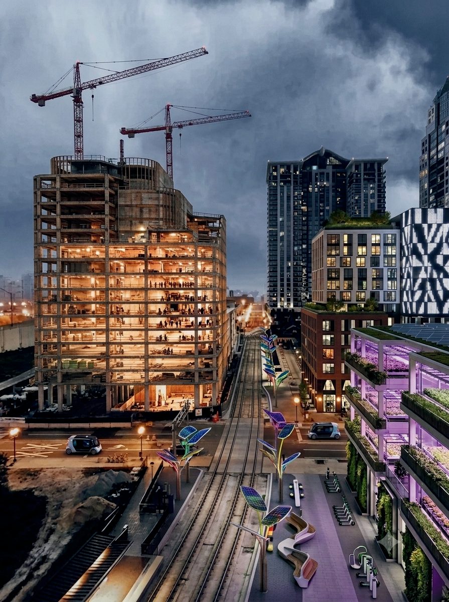 Mixed-use development under construction at dusk